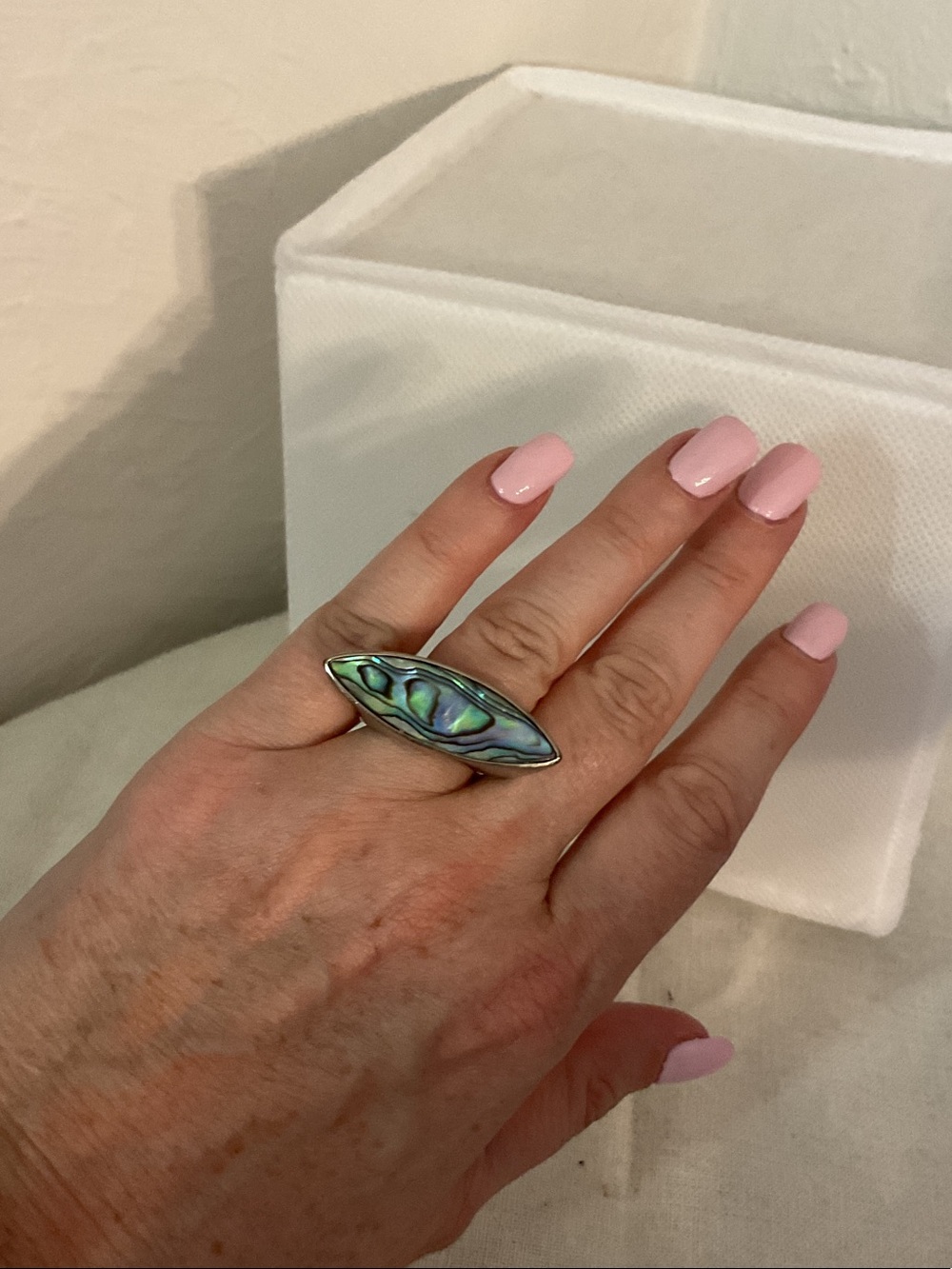 FD Abalone Shell Inlay Marquise Statement Ring  Size 8 Blue/Green/Violet